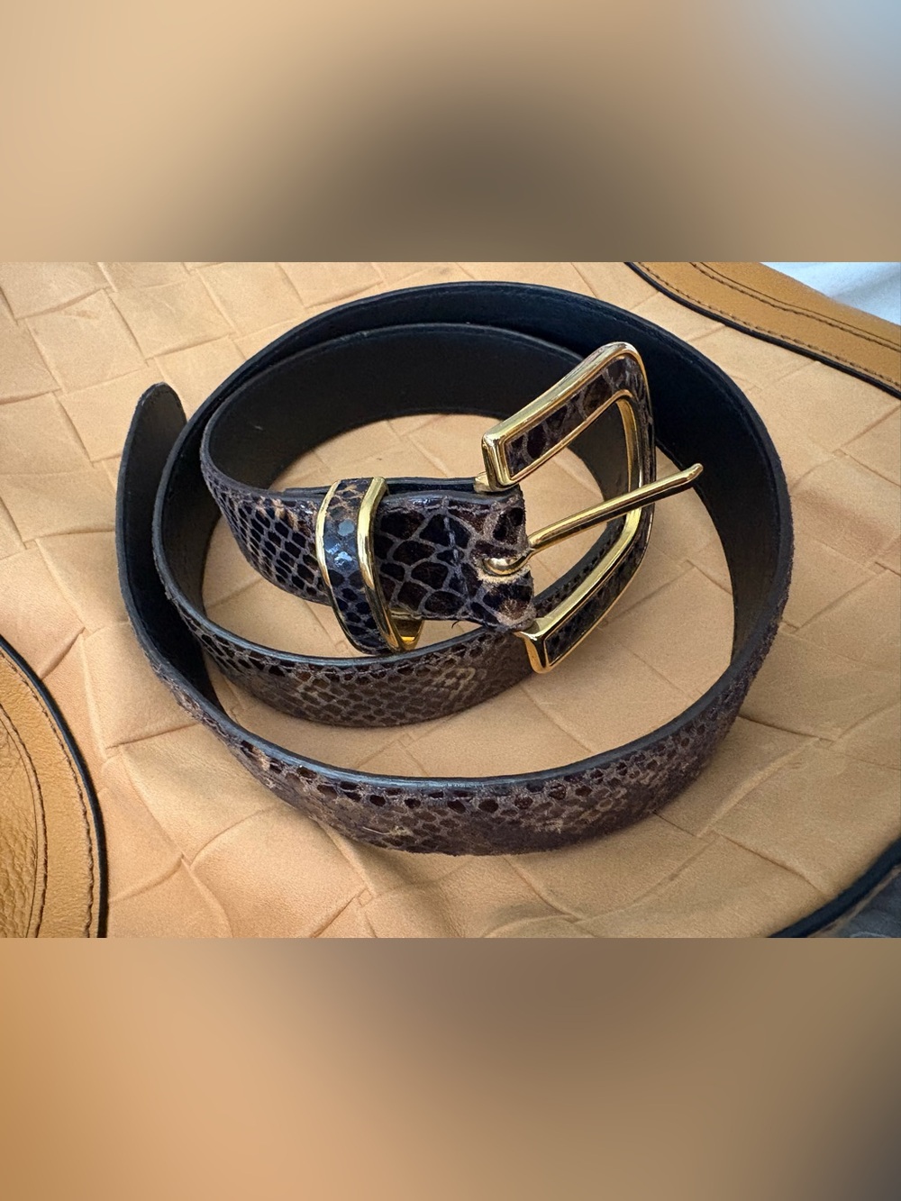 Men's Brown Snake-Pattern Leather Belt with Gold Buckle
